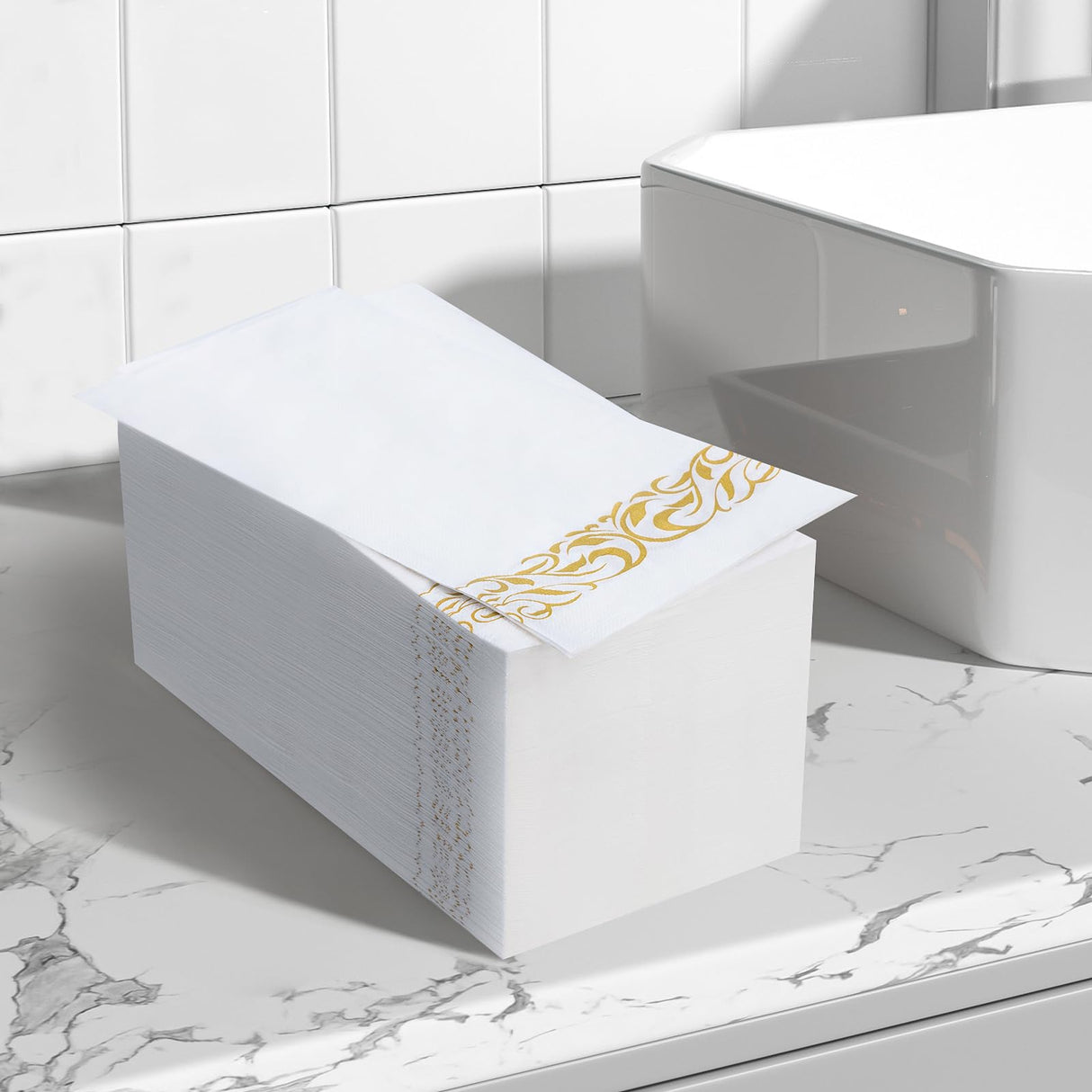 BESTVIP 200 Pack Disposable Paper Napkins,3-Ply Dinner Napkins with Gold Trim for Guests,Bathroom Paper Hand Towels Soft and Absorbent,Perfect for Christmas,Kitchen,Dinner,Party,Wedding or Event