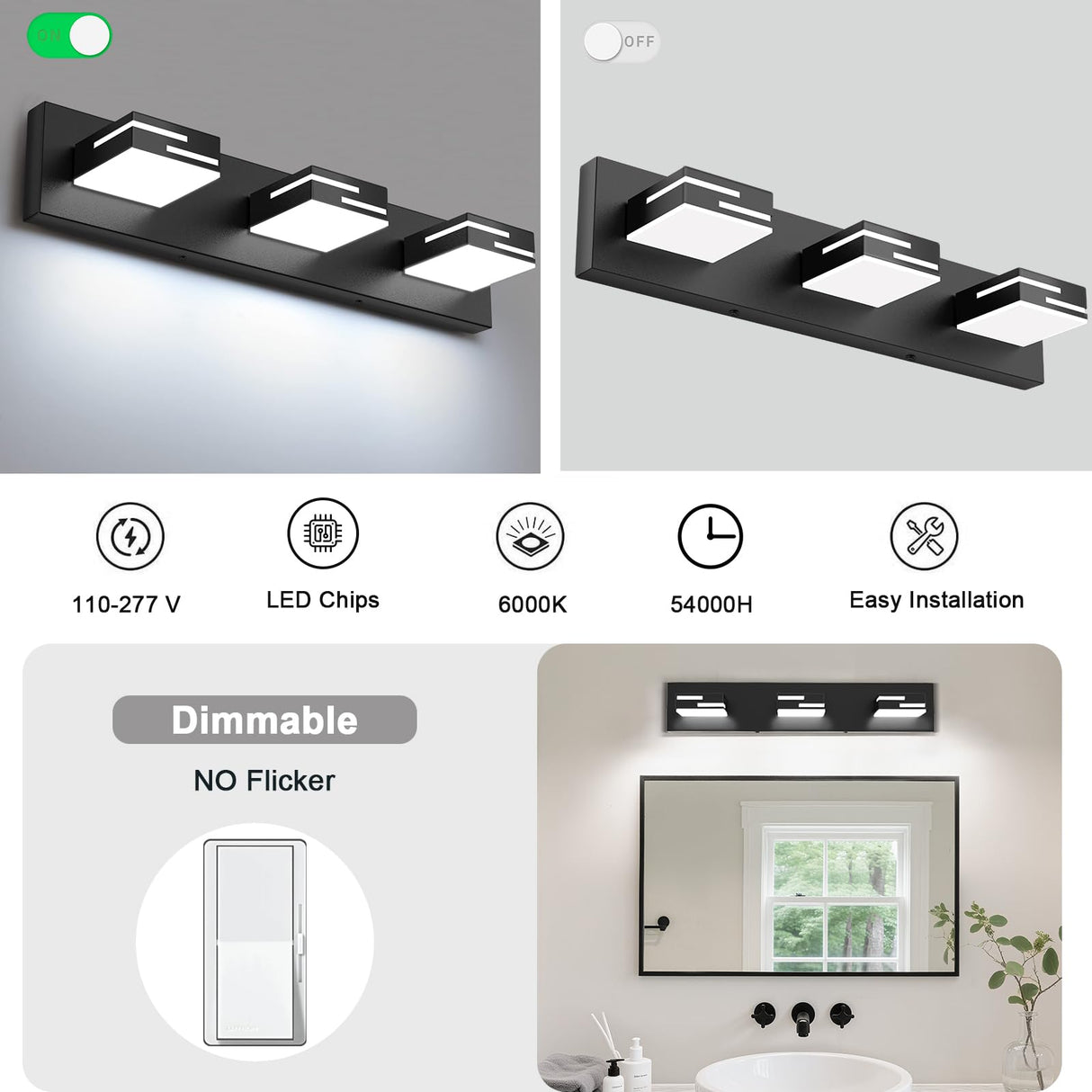 LKHF LED Modern Bathroom Vanity Light Fixtures, Dimmable Matte Black Vanity Lights for Bathroom Lighting Fixtures Over Mirror, with 360° Rotatable Acrylic Heads 3-Light 22-inch (Cool White 6000K)