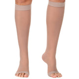 Made in USA - Sheer Compression Socks for Women 20-30mmHg with Open Toe - Toeless Graduated Support Knee High Stockings for Flight, Travel, Sports, Airplane, Nurses - Beige, Medium - A215