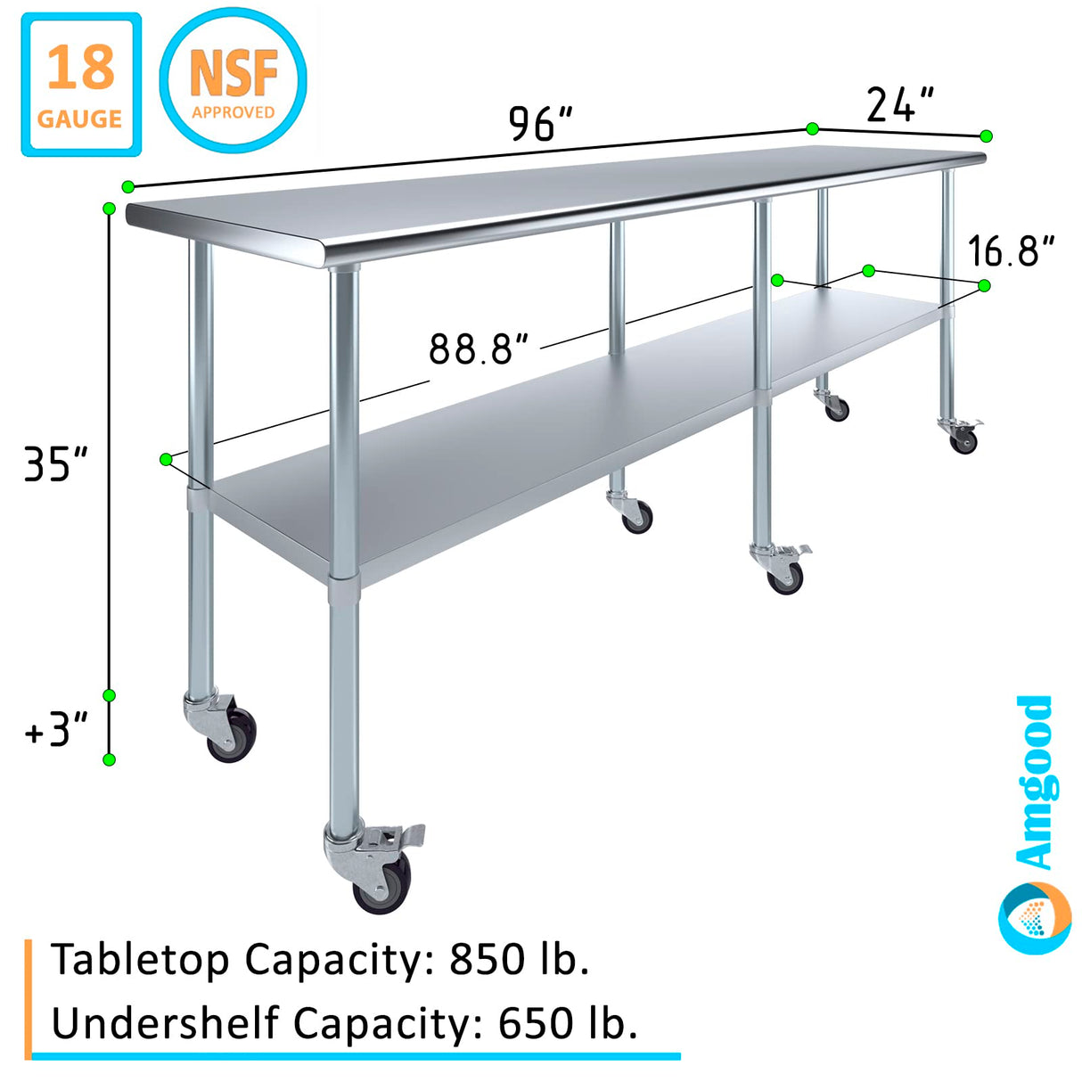 AmGood 24 in. x 96 in. Stainless Steel Work Table with Wheels | Metal Kitchen Food Prep Table | NSF