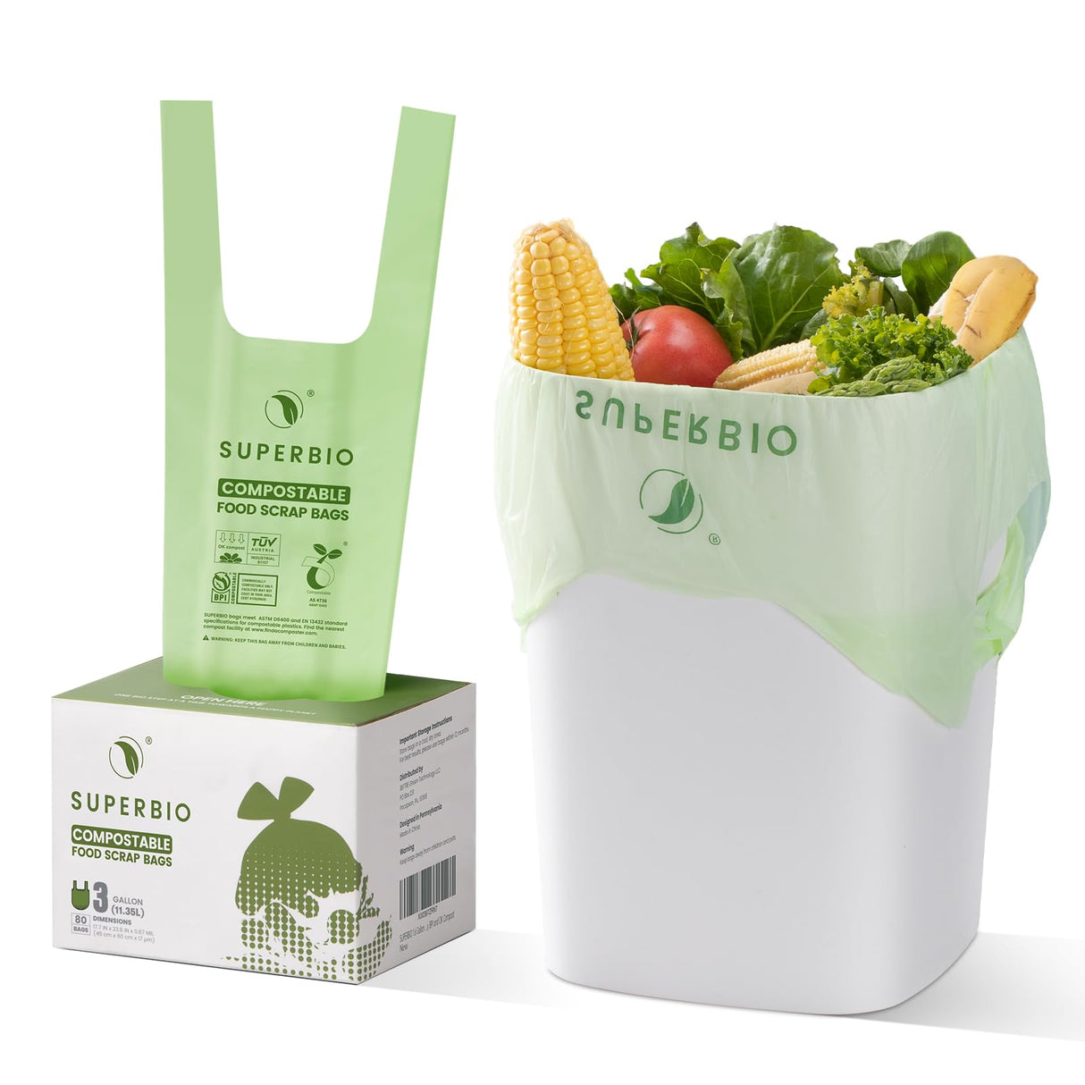 SUPERBIO 3 Gallon Compostable Food Waste Bags, 80 Count, Food Scrap Bags with Handles, ASTM D6400, BPI and OK compost INDUSTRIAL