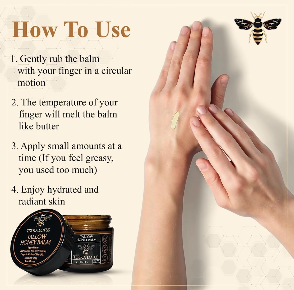 Terra Lotus - Organic Grass-Fed Beef Tallow Balm with Raw Honey - Moisturizing Cream for Soft, Smooth Skin - Handmade All-Natural Moisturizer (2 Oz, Unscented)