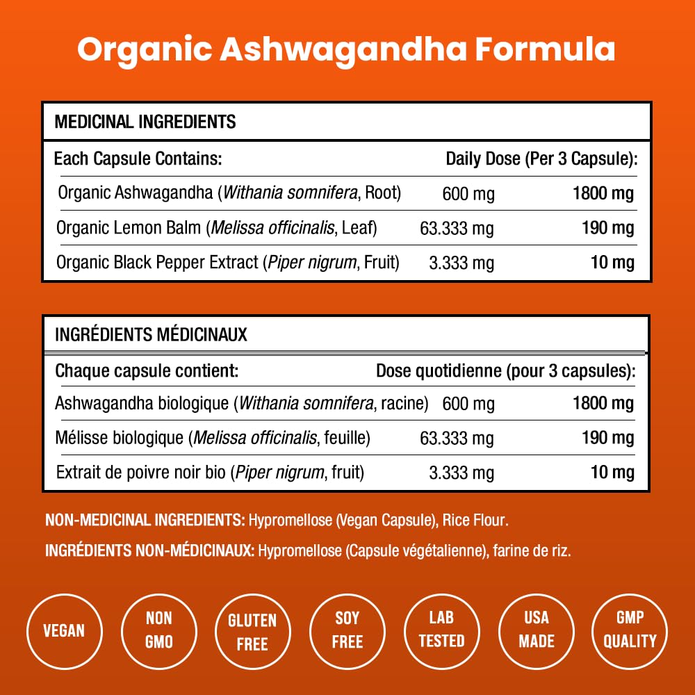NutraChamps Organic Ashwagandha Capsules, 2000mg Adrenal Fatigue, Thyroid & Mood Support Ashwagandha Supplements, Ashwagandha Root Powder & Lemon Balm, Superior Absorption with Black Pepper