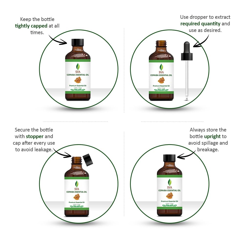 SVA Copaiba Essential Oil – 4 Fl Oz – 100% Natural Copaiba Oil - for Diffuser, Hair Care, Face, Skin Care, Aromatherapy, Scalp and Body Massage, Soap and Candle Making – with Dropper