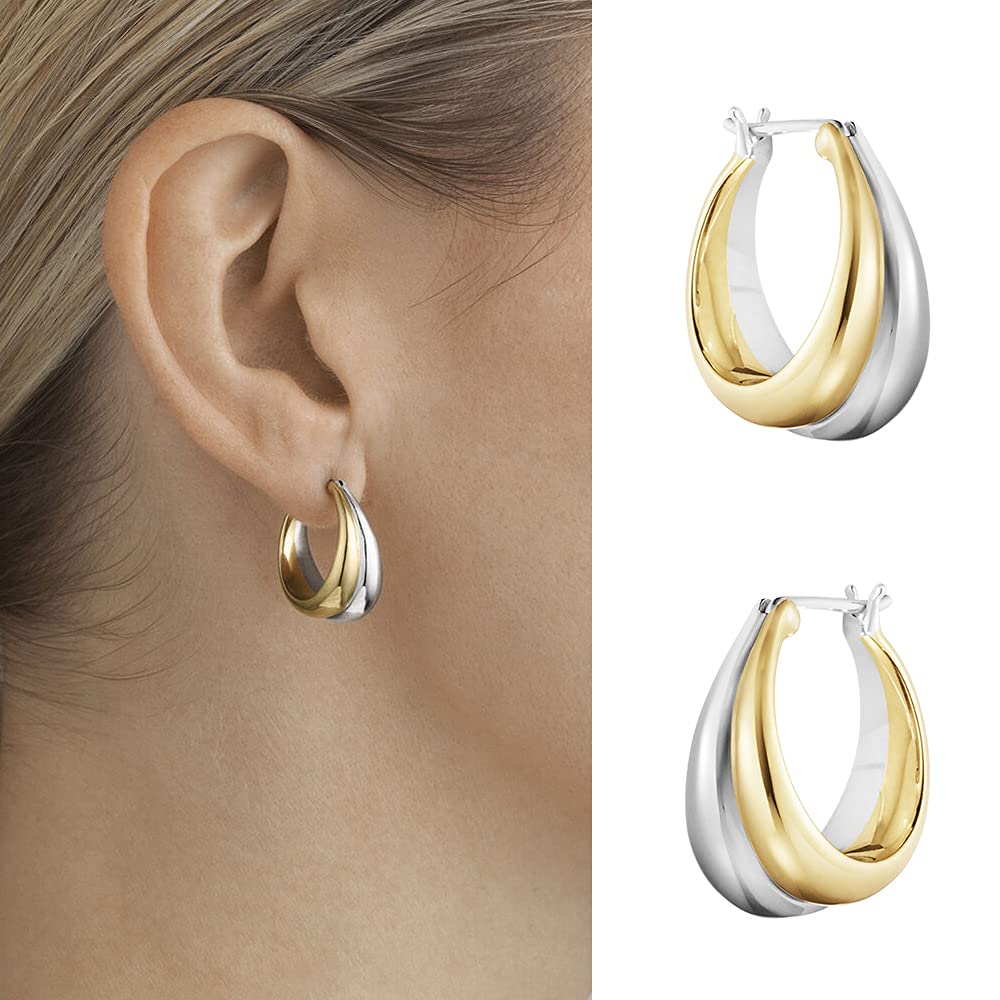 PICKBEAU 18K Two-tone Gold Silver Curve Earrings for Women | Light Weight Italian Design Click Top Chunky Hoop Earrings for Women