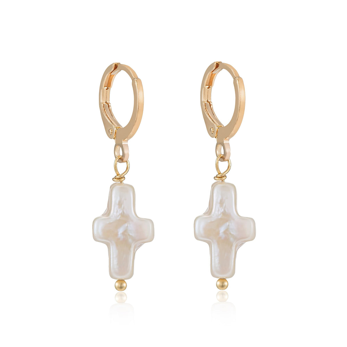 Iutymu Nature Freshwater Pearl Cross Earrings Elegant Christian Beachy Cross Pearl Baroque Earrings (Gold)