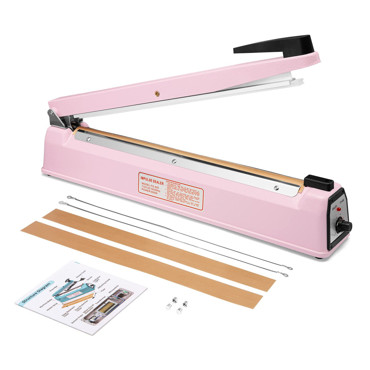 METRONIC Impulse Sealer 16 inch, Manual Heat Sealer Machine for Plastic Bags, Shrink Wrap Bag Sealers Heavy Duty Sealing Machine with Repair Kit (Pink)