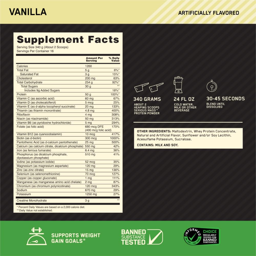 Optimum Nutrition Serious Mass Weight Gainer Protein Powder, Vitamin C and Zinc for Immune Support, Vanilla, 12 Pound (Packaging May Vary)
