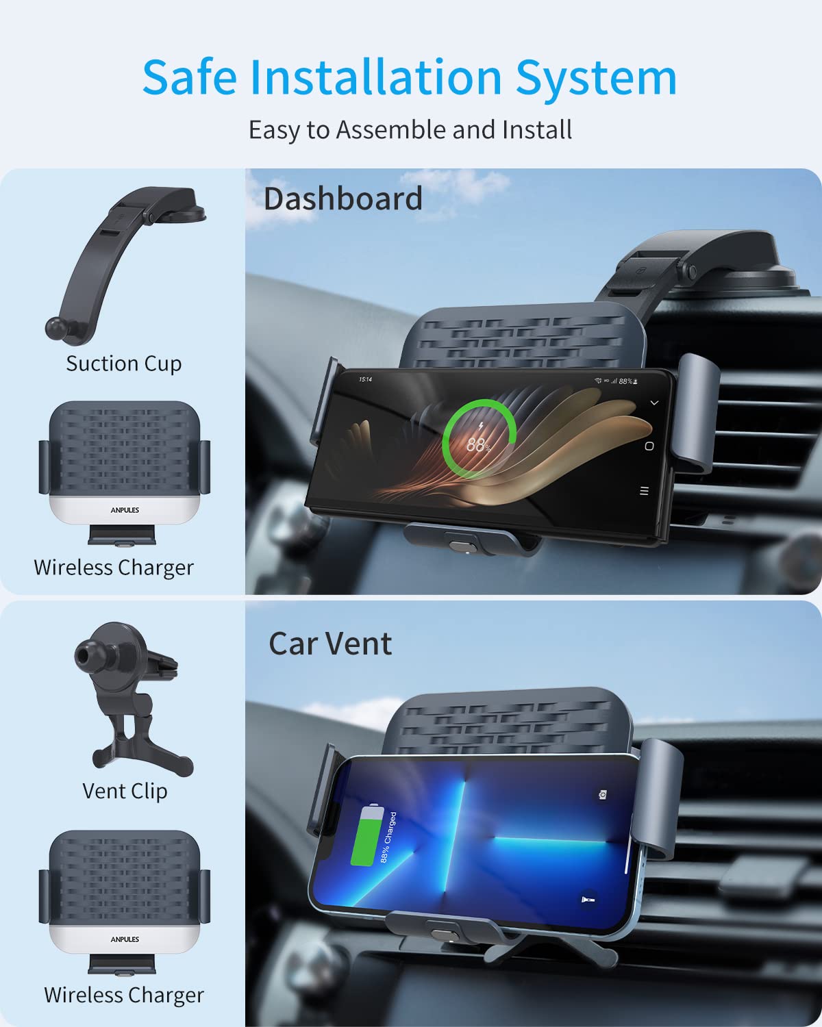 ANPULES Wireless Car Charger for Samsung Galaxy Z Fold 7/6/5/4/3, Dual Coils，Fast Charging Phone Car Mount for Christmas, Auto-Clamping Air Vent Dashboard Car Phone Holder for Galaxy Z Fold/Note