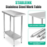 STABLEINK NSF Stainless Steel Table, 30 x 14 Inches Metal Prep & Work Table with Adjustable Undershelf, for Commercial Kitchen, Restaurant, Hotel and Garage,Small Stainless Steel Table