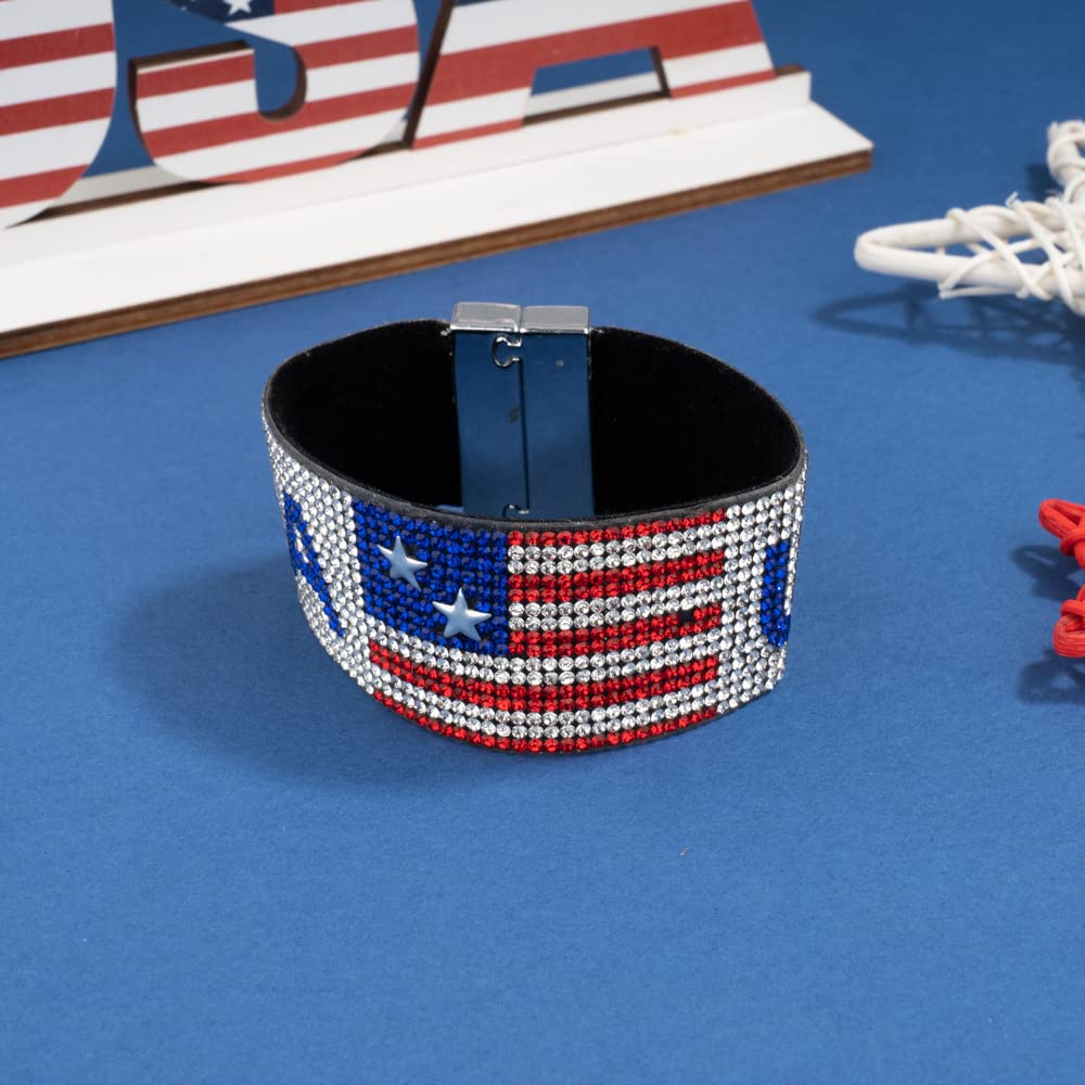 MADSION TYLER 4th of July Wrap Cuff Bracelets for Women | Red | Blue | White Patriotic USA Sparkling Full Rhinestone PU Leather Wrap Bracelet | Wristband Leather Wide Bracelet Gifts