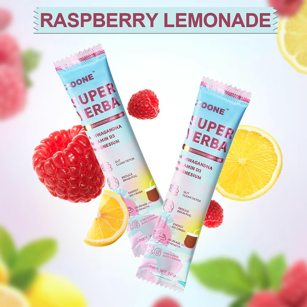 Zoone Super Yerba Mate Instant Tea Powder with Prebiotics & Probiotics - Raspberry Lemonade Flavor for Gut Health, Energy Boost & Focus - 30 Servings Packets