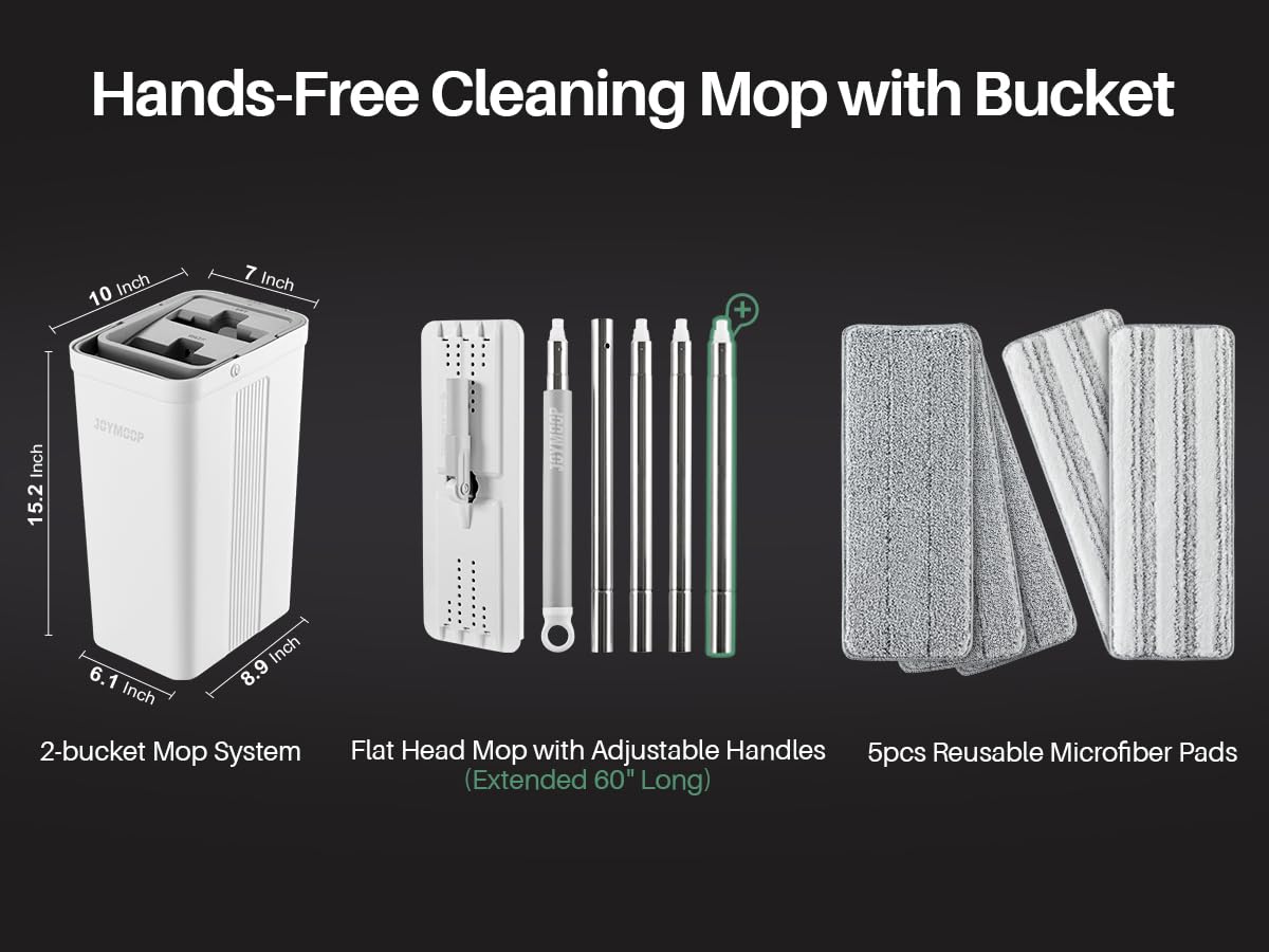 JOYMOOP Mop and Bucket with Wringer Set, White Flat Squeeze Mop Bucket Set for Floor Cleaning, Wet Dry Mops for Walls, Wall Cleaner with Long Handle, Hardwood Floor Mop-5 Microfiber Cloths