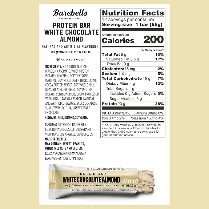 Barebells Protein Bars White Chocolate Almond - 12 Count, 20g High Protein Treats - Chocolate Nutrition Bar with 1g Total Sugars - On-The-Go Breakfast or Post-Workout Snack