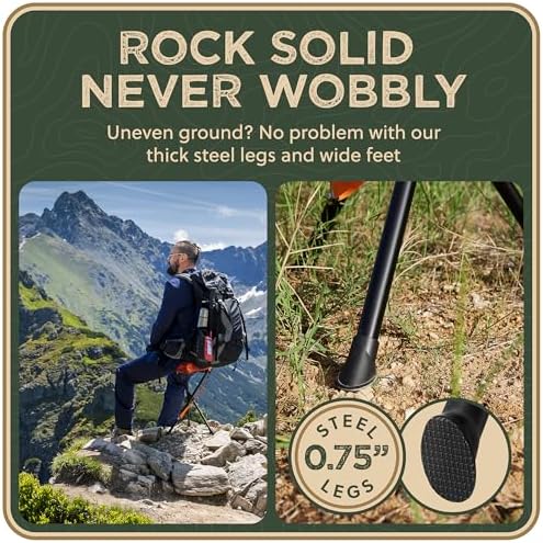 Foldable Tripod Stool - Ultra Portable Seat for Tall People, 20” High - Hunting Chair & Hidden Zippered Pocket - 2 lb Camping Stool, 3 Legged Strong Steel Stool Holds up to 200 lb (Orange)