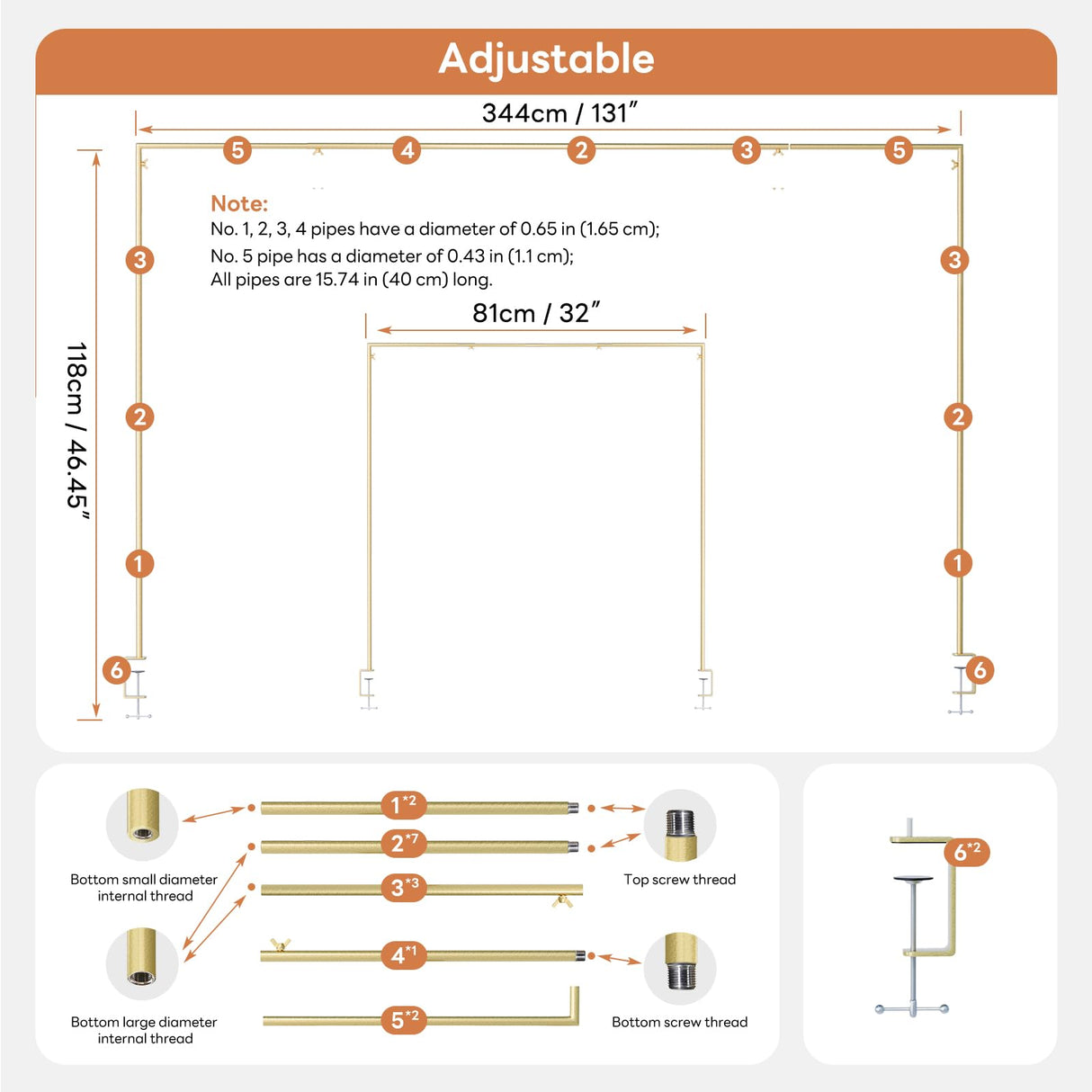 XLHOMO Over The Table Rod Stand with Clamps, Adjustable 32''-79'' Tall 32"-131" Length, Gold Table Arch Stand Metal Balloon Frame Hanging Rod for Weddings Christmas Birthdays Garden Arbors Decoration