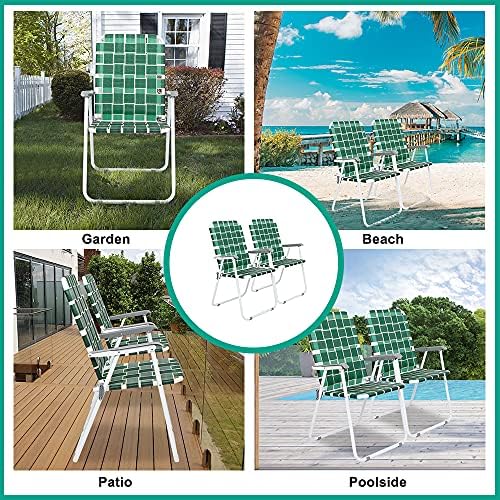 VINGLI Patio Lawn Webbed Folding Chairs Set of 2, Outdoor Beach Chair Portable Dining Chair for Outdoor Yard, Garden (Dark Green, Classic)