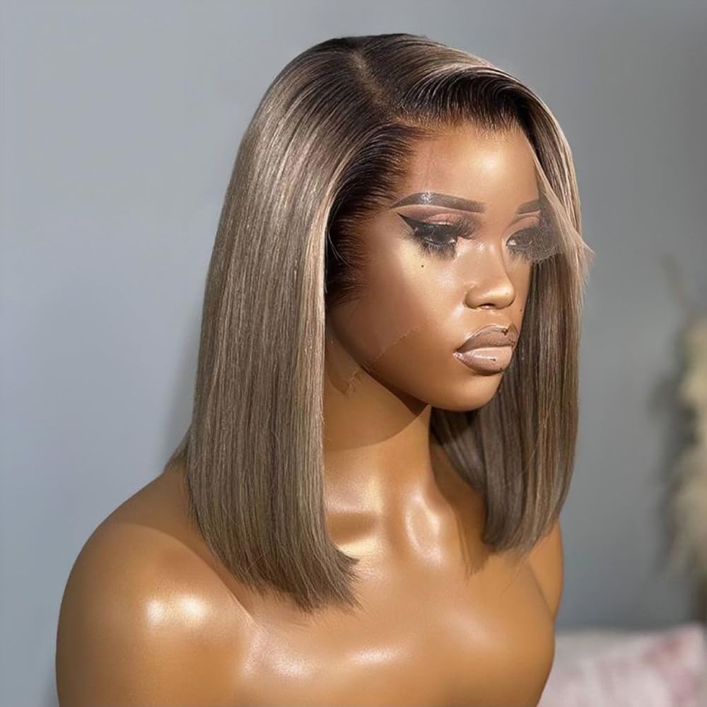 Ash Blonde Bob Wig Human Hair 180 Density 13x4 Hd Lace Front Wigs Human Hair Bob Wigs for Black Women Ombre Ash Blonde Straight Lace Frontal Wig with Dark Roots Invisible Knots Pre Plucked 14 inch