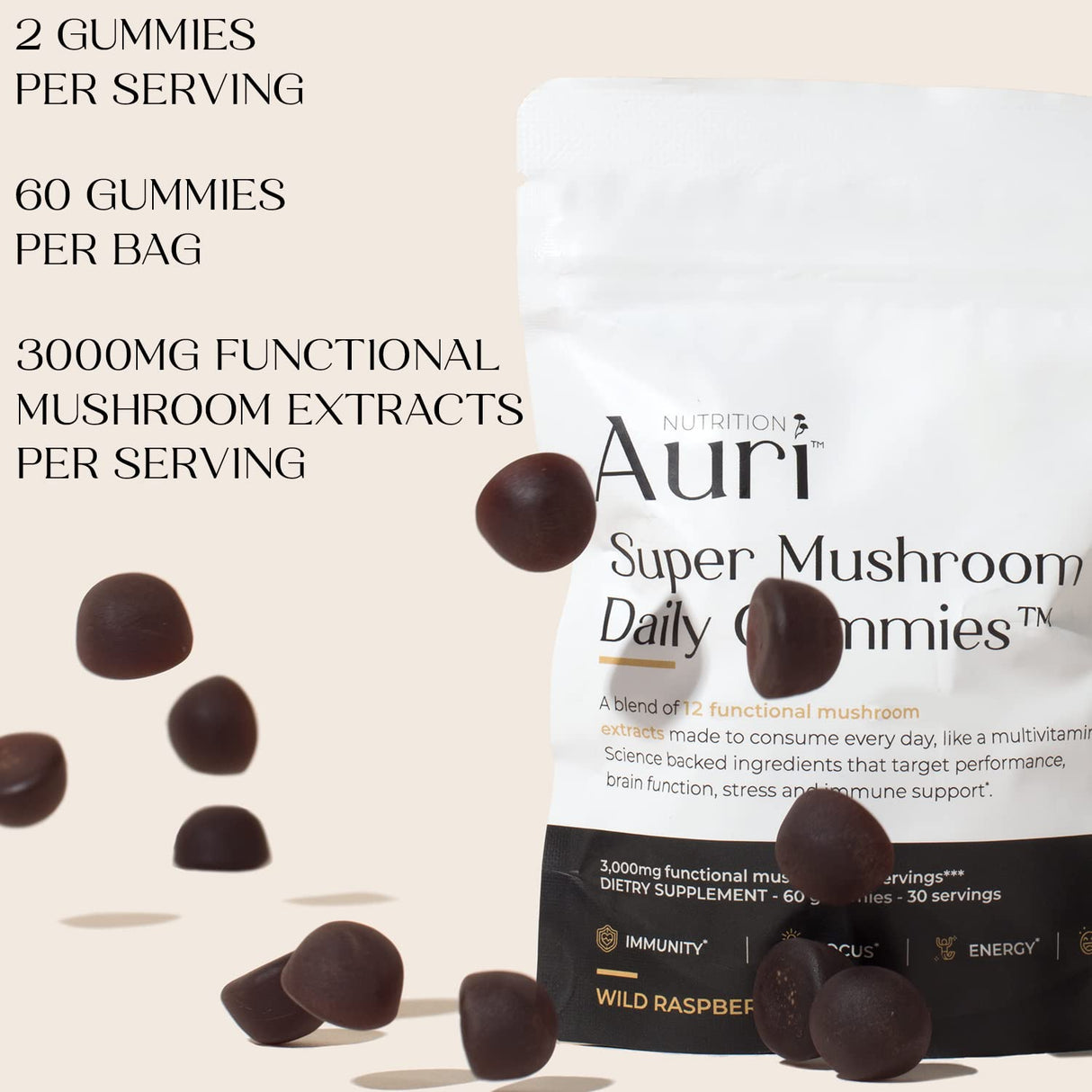 Auri Super Mushroom Daily Gummies - All-in-One Daily Mushroom Supplement Gummy - 12 Mushroom Blend with Chaga, Lions Mane, Reishi, Cordyceps - 60 Gummies