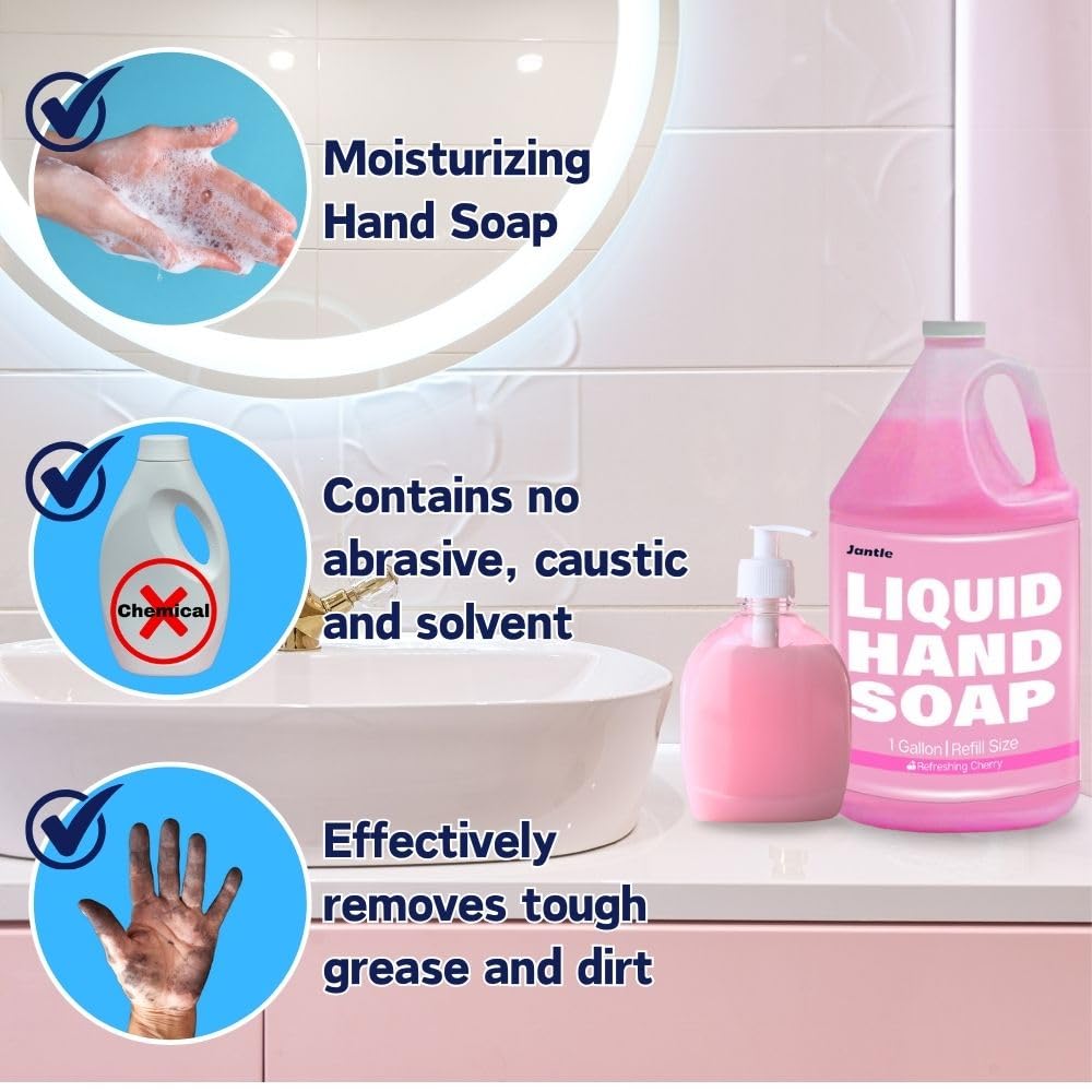 Hand Soap Gallon Refill, Cleansing Liquid Soap, Soothing Pink Lotion Soap Refill, Bulk Hand Soap Refill - Gentle on Skin, Cherry Scent - 1 Gallon per Bottle - 4 Pack