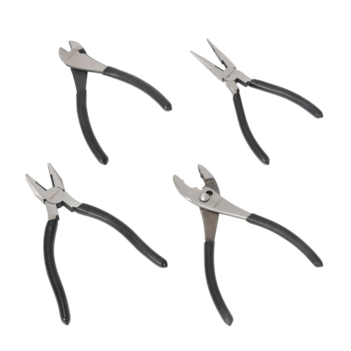 Amazon Basics Pliers Set, Hand Tools for Precision, Cutting Wire Cutter with Needle Nose and Diagonal, Quality Tool Set for Home Maintenance, Set of 4, Black and Silver