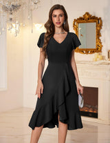 DRESSTELLS Women's Cocktail Dresses 2025, Black Fall Wedding Guest Tea Party Modest Funeral V Neck Vintage Fit Flare Formal Halloween Christmas Dress Black XL