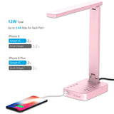 Drevet LED Desk Lamp, Desk Light with 1 USB Charging Port and 2 AC Power Outlet, 3 Lighting Modes, 3 Level Brightness,1H Timer, Touch Control, Eye-Caring Home Office Foldable Table Lamp (Pink)