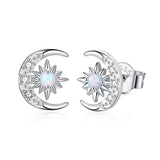 YZSFMZGE Moon and Star Earrings 925 Sterling Silver Opal Stud Earrings for Women - Hypoallergenic Sun and Crescent Moon Jewelry Gift for Sensitive Ears