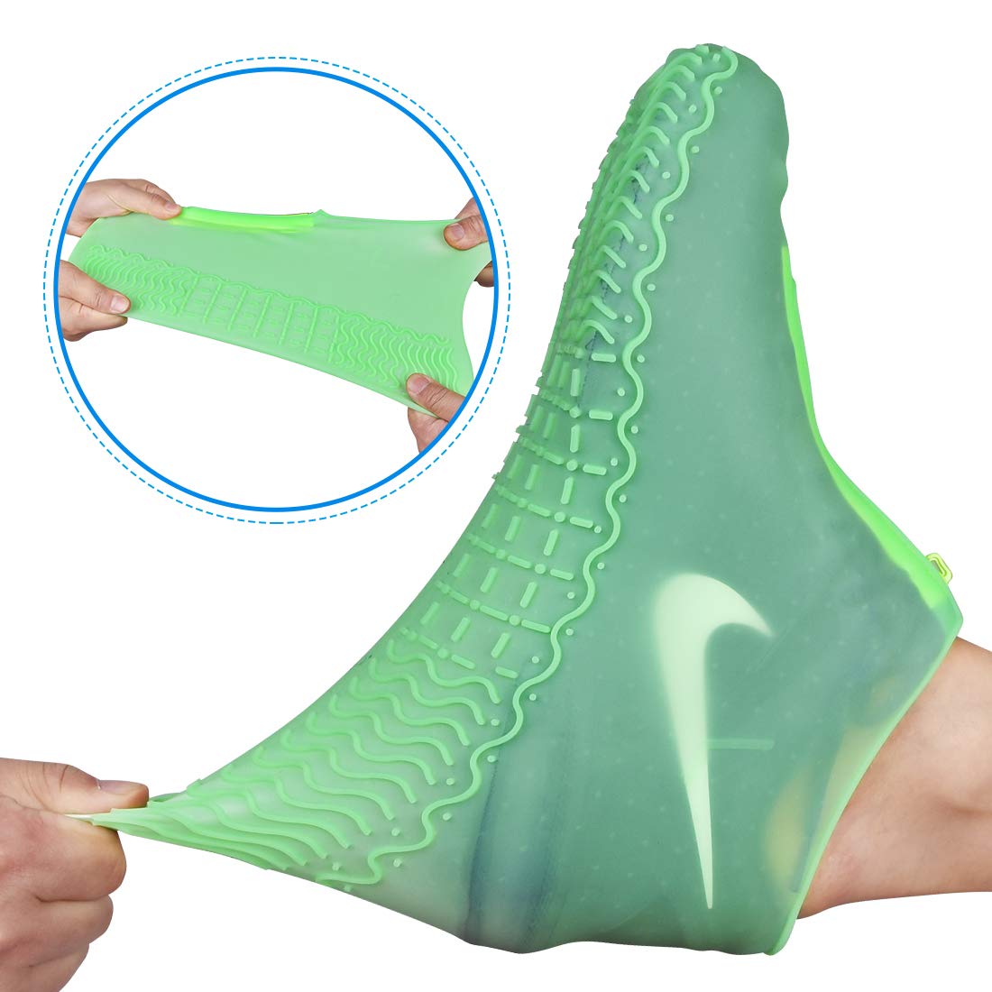 Shiwely Waterproof Shoe Covers, Silicone Reusable Shoe Cover Non-slip Durable Zipper Elastic Rain Cover Protection for Men Women (XL (Women 11-13, Men 9.5-13), Green)