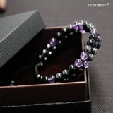 Triple Protection Bracelet for Women, Genuine Healing Crystal Bracelet Amethyst Black Obsidian Hematite 6mm, Pyramid Energy Crystal Beads Bracelet Christmas Gifts for Mom Wife for Protection Balance