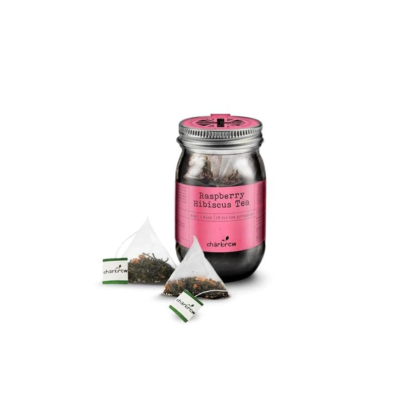 Charbrew Raspberry Hibiscus Tea Teabags - 100% Compostable Tea Bags in Reusable Glass Mason Jar 40g/1.41oz - 16 Premium Fine Mesh Teabag Infusers Premium Tea from Sri Lanka
