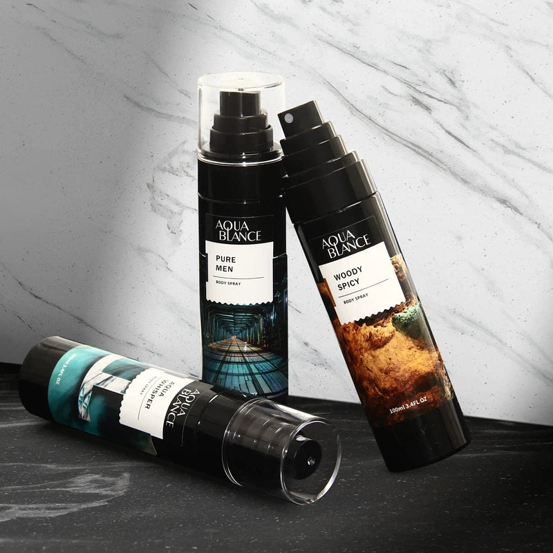 AQUA BLANCE Body Spray for Men, Fragrance Mens Body Spray, Pack of 3, Each 3.4 Fl Oz, Total 10.2 Fl Oz, Refreshing Cologne Spray