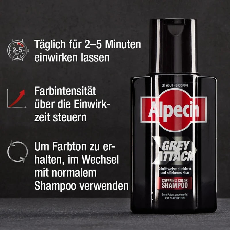 Alpecin Grey Attack Caffeine & Colour Shampoo - 5 x 75 ml - Gradual Hair Darkening | Natural Colour Result from 3-4 Weeks | Hereditary Hair Loss is Prevented