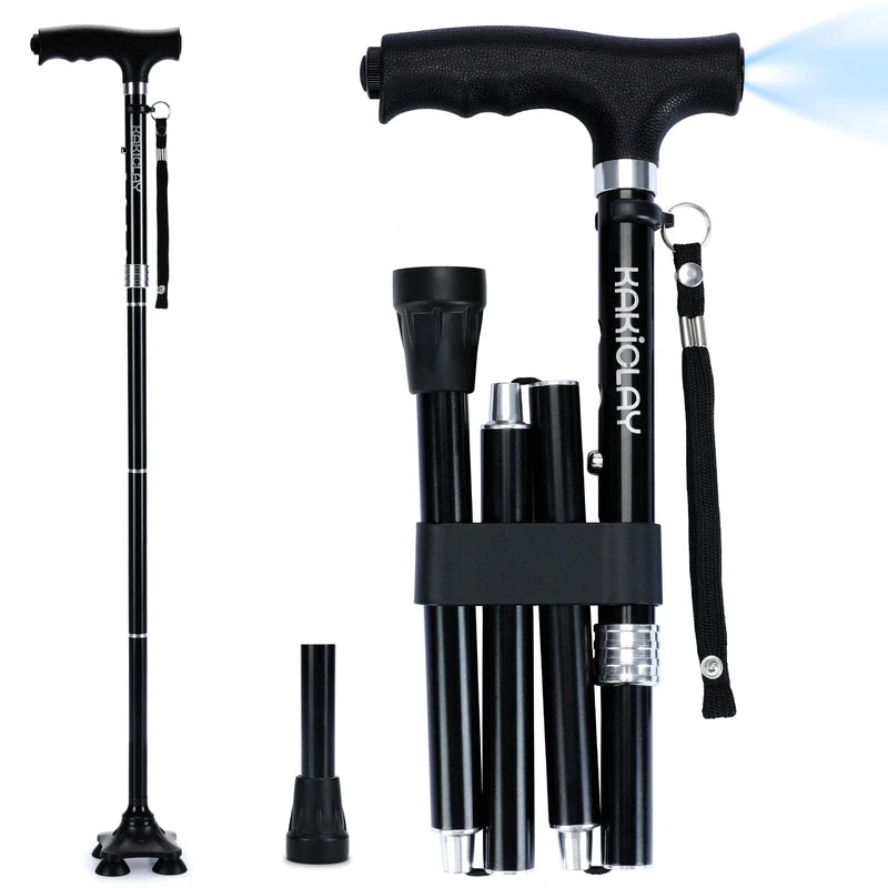 KAKICLAY Folding Walking Cane with LED Light for Men & Women, Foldable Lightweight Heavy Duty Aluminum Walking Stick for Seniors & Adults (Black)