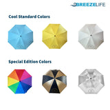 MISTERBREEZE Gray Umbrella with Fan and Mister. A portable misting fan that blocks 99.9% of all UVA and UVB rays. Personal outdoor sun protection at festivals, beach, golf or other sports activities.