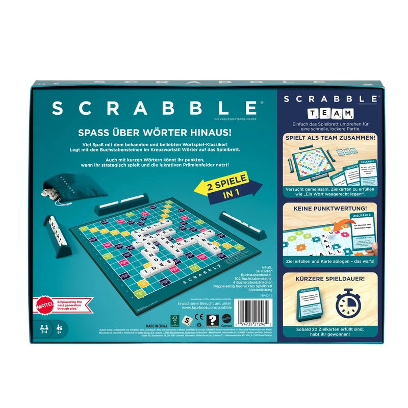 MATTEL GAMES Scrabble Two in One Double-Sided Board Game for Fast, Casual and Cooperative Game, Includes 50 Target Cards for Scrabble Together, Easy Scoring, HWD45