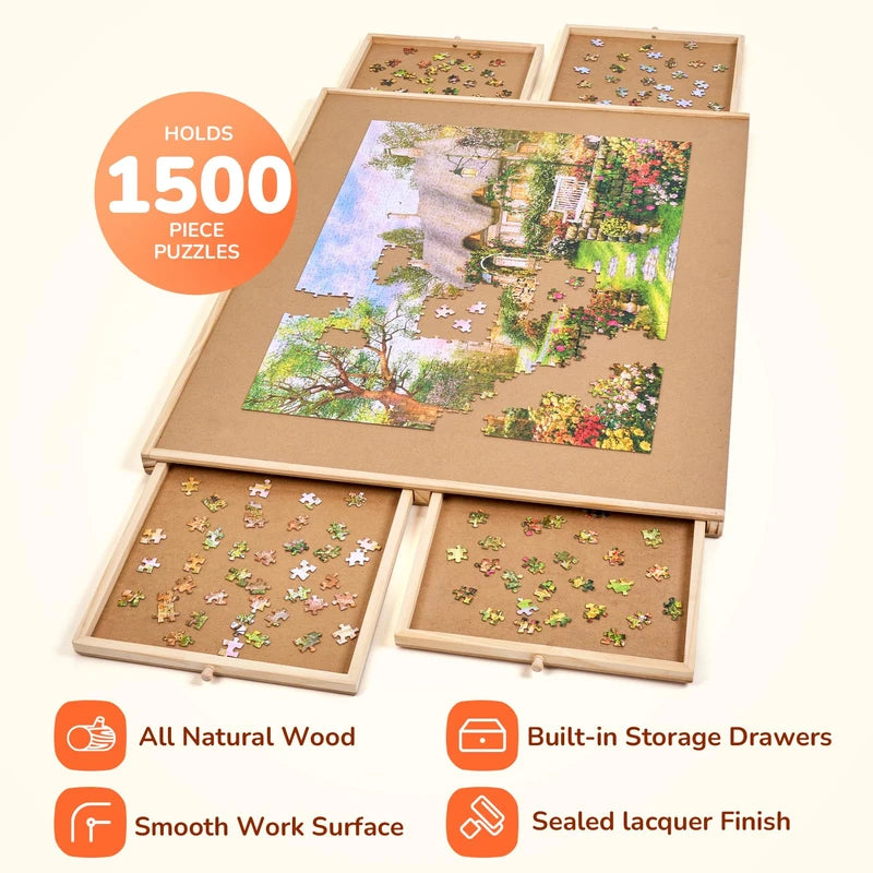 Gamenote 1500 Pieces Rotating Jigsaw Puzzle Table with Puzzle Cover, Portable Large Puzzle Board with Drawers for Puzzle Storage, Wooden Smooth Plateau Work Surface for Kids Family Game