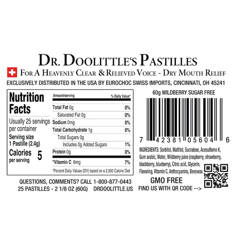 DOOLITTLE DOOLITTLE Sugar Free Soft Fruit Pastilles for Voice and Throat, Wild Berries Flavor, 2.12 Ounce Tin, Approximately 25 Count Package, 4 Pack