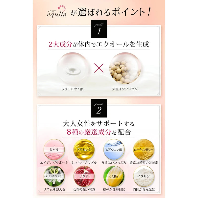 Equlia Equol Producing Supplement, Equlia Equol Lactic Acid Bacteria, Soy Isoflavone, Lactobionic Acid, Concentrated 6 Types of Female Support Ingredients (2)