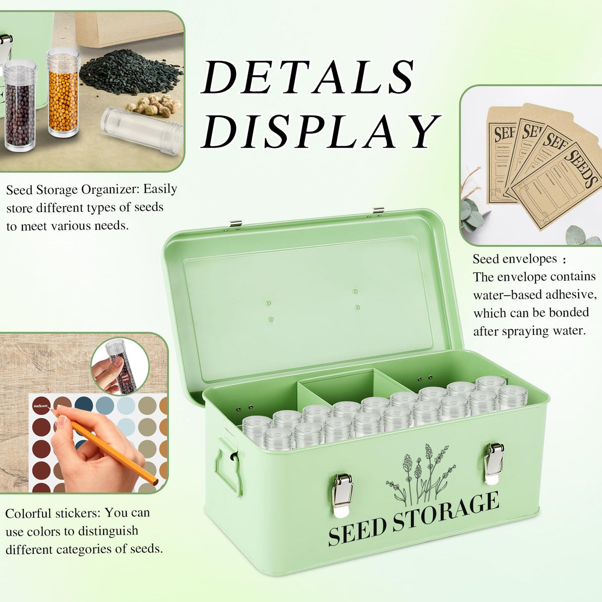 Himake 60 Slots Seed Storage Box with 4 Dividers, Metal Seed Storage Organizer Saving Box, Seeds Packet Container, Professional All-in-One Kit with 60 Seeds Envelopes and Label Stickers
