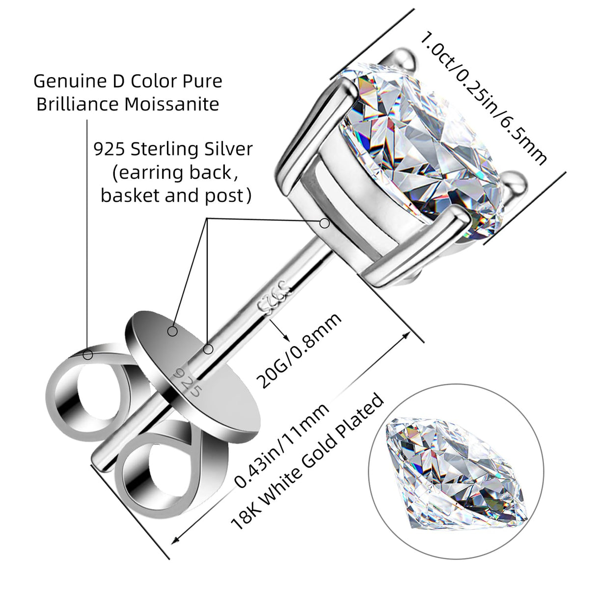 Moissanite Stud Earrings 2.0CT D Color,GRA 925 Sterling Silver Earrings for Men 18K White Gold Plating Earrings for Women,wedding earrings(1.0ct*2)