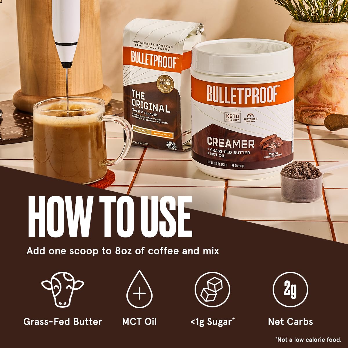 Bulletproof Mocha Creamer, 14.8 Ounces, Keto Coffee Creamer with MCT Oil, Grass-Fed Butter, and Real Cocoa, Supports Brain Function