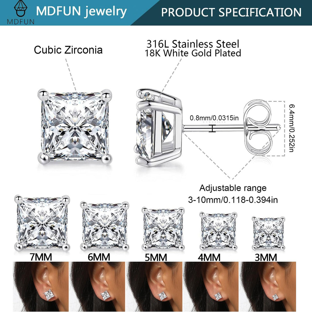 MDFUN 316L Stainless Steel Square Stud Earrings Set for Women Men 3-7MM