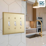 Rio Salto BRASS Toggle Light Switch Cover Plate Triple Toggle Flip Switch Outlet Covers 3 Gang Brushed Brass Gold Metal Wall Plate Flip Swtich — Signature Collection, Standard Size 4.50" X 6.33"