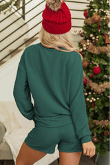 Opemiby Womens Ribbed Pajama Sets Long Sleeve Top and Shorts Matching Lounge Set Loungewear Sweatsuit with Pockets Christmas Evergreen L