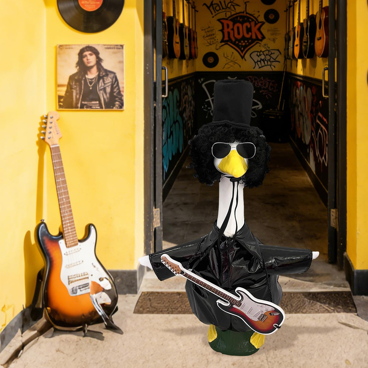 JarThenaAMCS Rock and Roll Porch Goose Outfit Set 80s 90s Hip Hop Goose Costume Dresses Clothes with Guitar Sunglasses Wig Hat Fits 23'' for Yard Lawn Outdoor Garden Decor