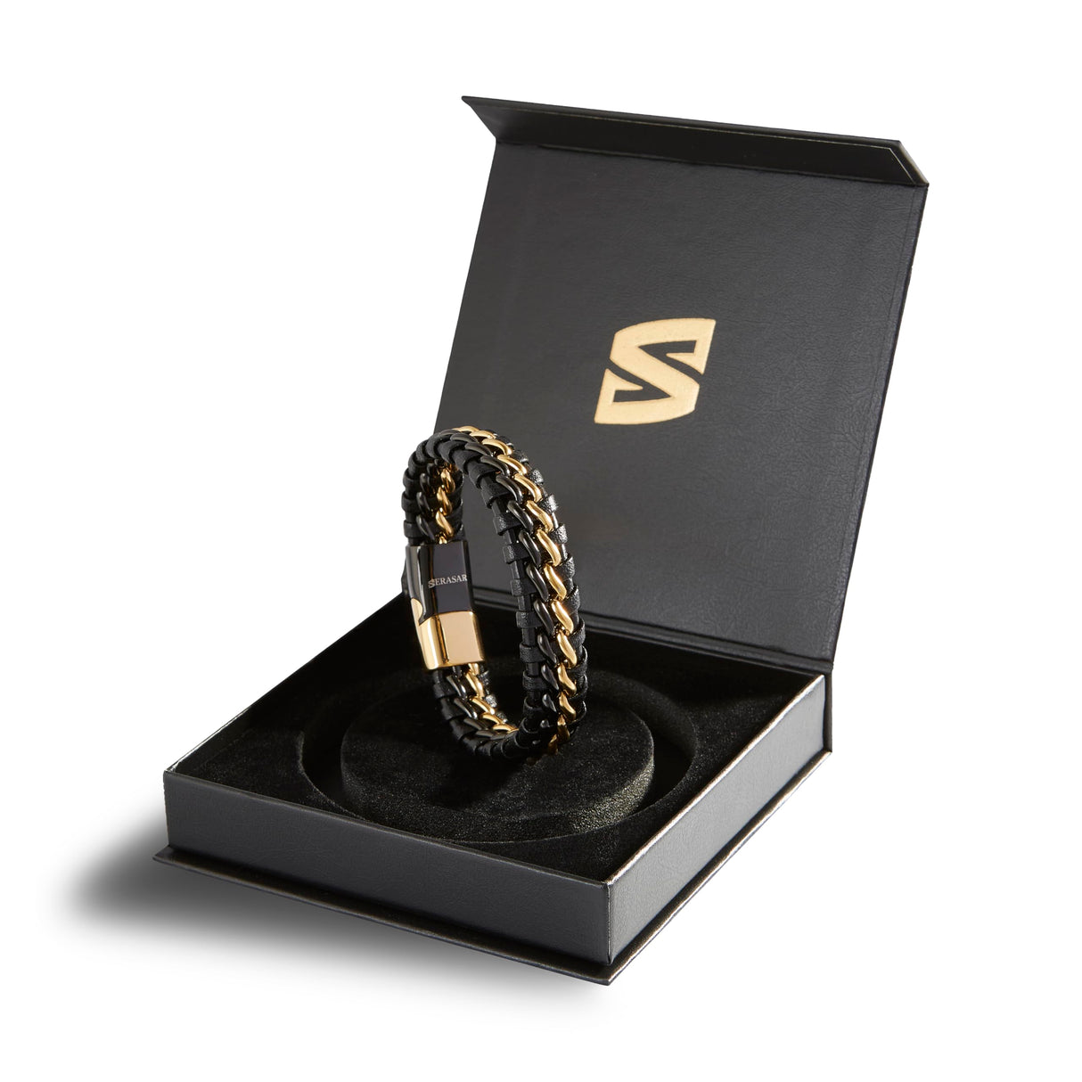 SERASAR Bracelets for Men 20cm Gold Gift Box Genuine Leather Cowhide Braided Adjust Able Magnetic Clasp Multi Layer Jewellery Rope Man Mans Male Mens Band Jewelry Accessories