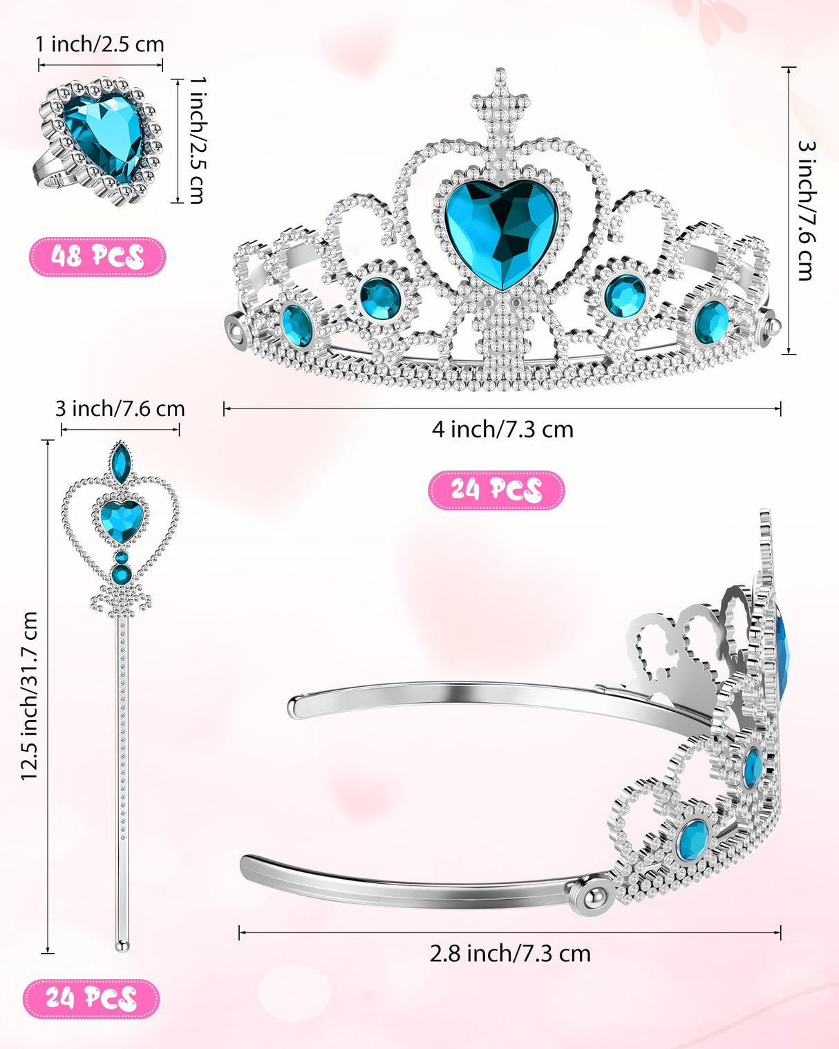 96 Pcs Princess Pretend Party Costume Dress up Play Set Includes 24 Crown Tiaras, 24 Star Wands, 48 Pcs Little Girl Jewel Rings, Princess Girls Party Favors Costume Play Set for Little Girls (Cute)