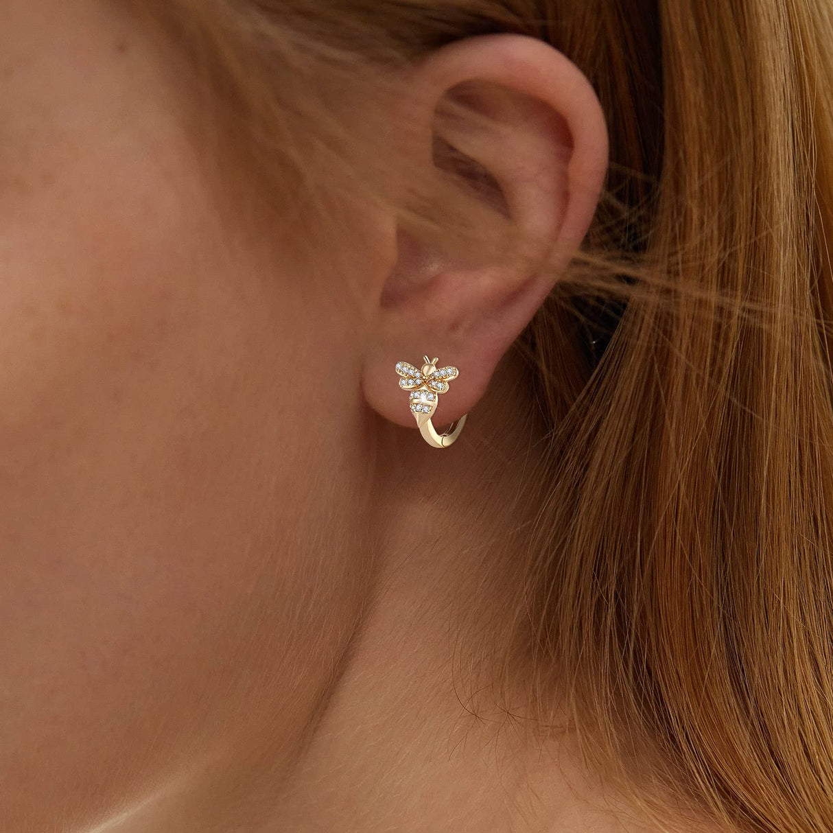 18K Gold Bee Earrings for Women, Hypoallergenic Stud with Cubic Zirconia, Hoop Earrings for Women, Gold/Silver Colors