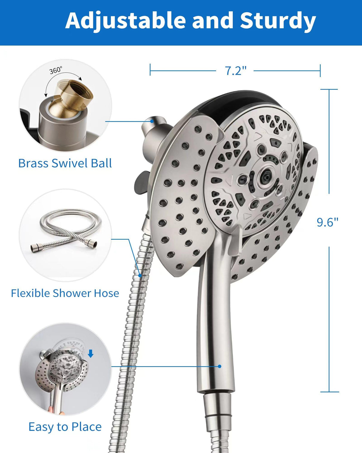 INAVAMZ Shower Heads with Handheld Spray Combo: 7.2" Rainfall Shower Head & Handheld Shower Head 2-IN-1 Shower Head with 60" Rotatable Stainless Steel Hose Nickel, Shower Trim Systems